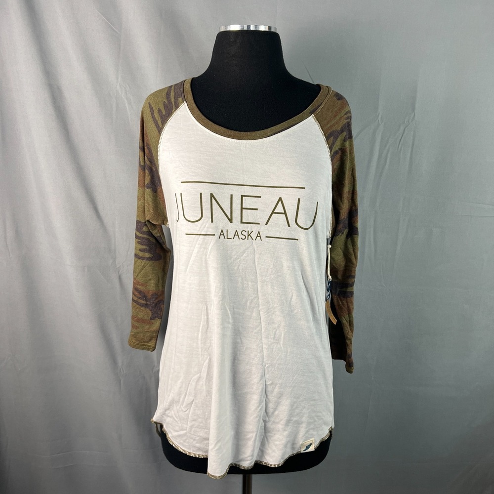 Unwind By League Raglan Baseball Tee Women Large White Green Juneau Alaska Print